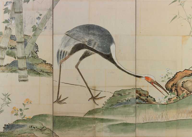 Grues, pins et bambous par Ogata Korin, début du XVIIIe siècle