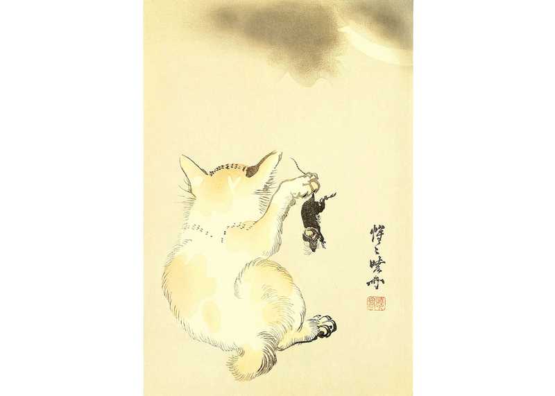 Chat et souris, gravure sur bois de Kyosai Kawanabe, années 1930