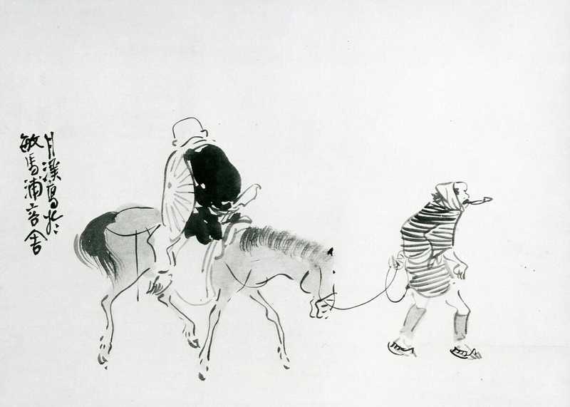 Moine Rensho chevauchant son cheval à reculons par Matsumura Goshun, vers 1784