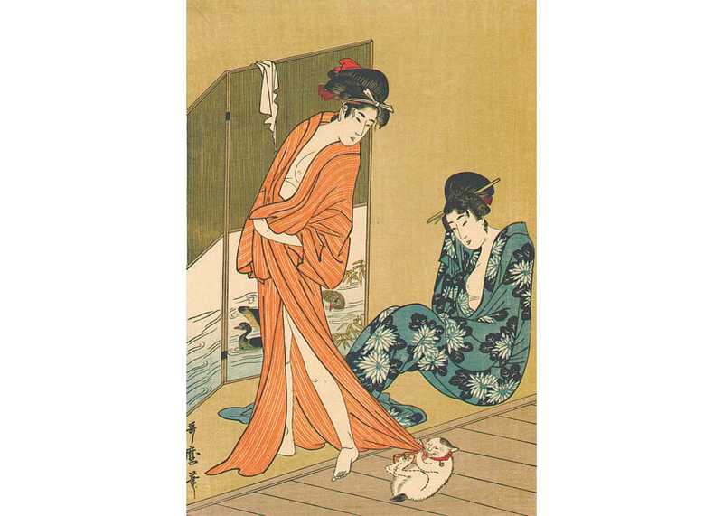 Belles après un bain, gravure sur bois de Kitagawa Utamaro, 1800