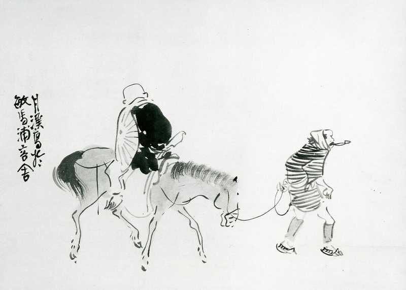 Le moine Rensho chevauchant son cheval à reculons par Matsumura Goshun, vers 1784.